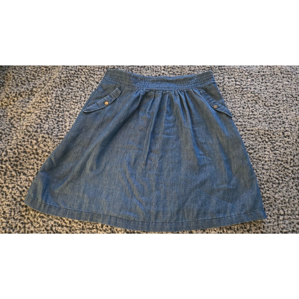 Paraella Blue Denim Chambray Mini Skirt Pleated A-Line Pockets Size Medium